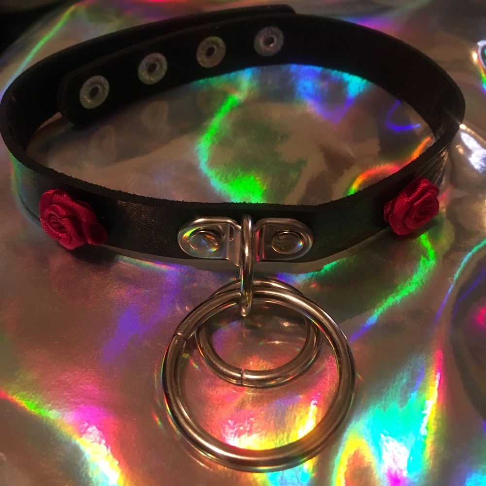 Leather double ring black gothic kawaii choker